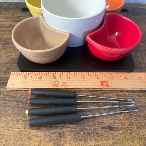 Pier One Imports Vintage Stoneware Fondue Set Bowl Stand Forks & Tray Multicolo - Picture 10 of 10